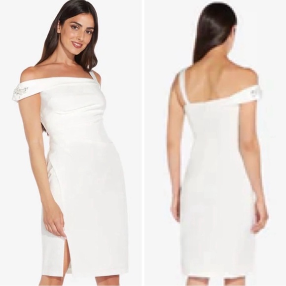 Adriana Papell White Dress Asymmetrical Crepe Cocktail Off Shoulder Beaded - Picture 6 of 6